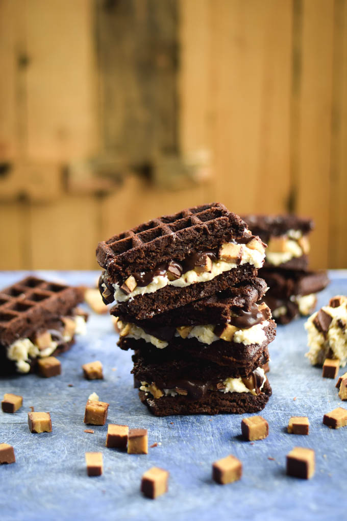 Hot Fudge Moose Tracks Ice Cream Sandwiches on Waffled Brownies (FOOD